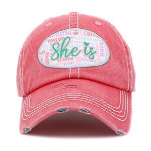 Womens She Is..Confident Powerful Vintage Baseball Cap Hat in Distressed Pink